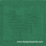 Rooster Knit Dishcloth: A cozy knitted dishcloth square in green yarn featuring a rooster facing left with a plume of tail feathers. The design is created in garter stitch using knit and purl stitches on a stockinette background.