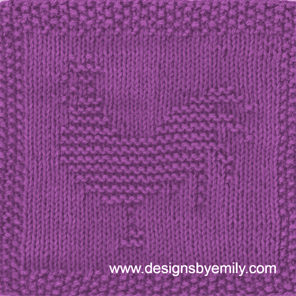 Rooster Knit Dishcloth: A cozy knitted dishcloth square in purple yarn featuring a rooster facing left with a plume of tail feathers. The design is created in garter stitch using knit and purl stitches on a stockinette background.