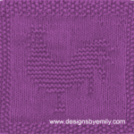 Rooster Knit Dishcloth: A cozy knitted dishcloth square in purple yarn featuring a rooster facing left with a plume of tail feathers. The design is created in garter stitch using knit and purl stitches on a stockinette background.