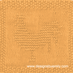 Rooster Knit Dishcloth: A cozy knitted dishcloth square in yellow yarn featuring a rooster facing left with a plume of tail feathers. The design is created in garter stitch using knit and purl stitches on a stockinette background.