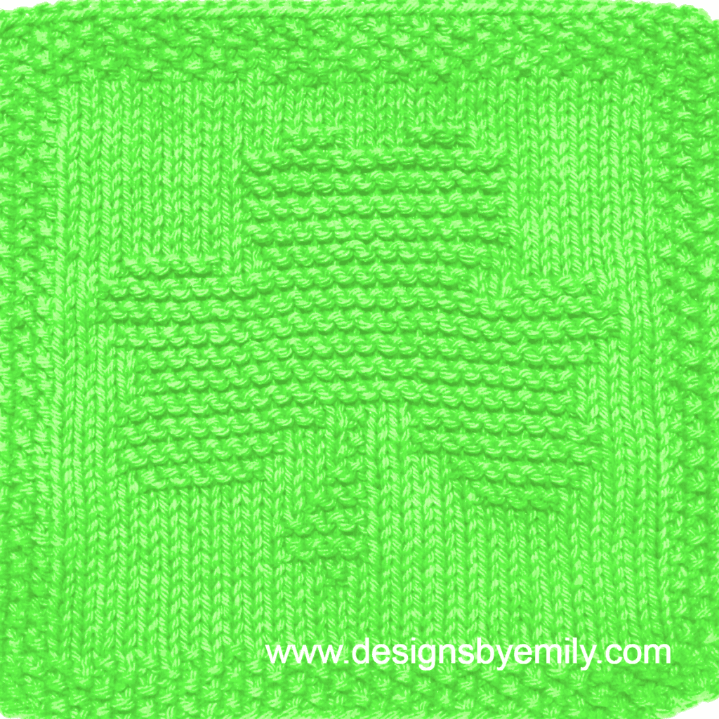 Shamrock Knit Dishcloth: A handmade knitted dishcloth square in bright lime green yarn featuring a three-leaf shamrock. The design is created using knit and purl stitches.