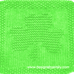Shamrock Knit Dishcloth: A handmade knitted dishcloth square in bright lime green yarn featuring a three-leaf shamrock. The design is created using knit and purl stitches.