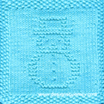 Snowman Knit Dishcloth: A cozy knitted dishcloth square in light aqua yarn adorned with a delightful snowman, perfect for celebrating the winter season with warmth and charm. The design is created using simple knit and purl stitches.