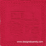Tractor Knit Dishcloth: A vibrant red knitted dishcloth square adorned with a tractor motif facing to the right, created in garter stitch using knit and purl stitches on a stockinette background.