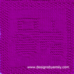 Tractor Knit Dishcloth: A vibrant purple knitted dishcloth square adorned with a tractor motif facing to the right, created in garter stitch using knit and purl stitches on a stockinette background.