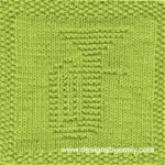 Baritone or Tuba Knit Dishcloth: A handmade knitted dishcloth square in light green displaying a tuba or baritone musical instrument. The design is created in garter stitch using knit and purl stitches on a stockinette background.