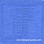 Baritone or Tuba Knit Dishcloth: A handmade knitted dishcloth square in blue yarn displaying a tuba or baritone musical instrument. The design is created in garter stitch using knit and purl stitches on a stockinette background.
