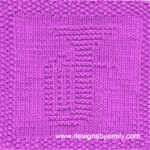 Baritone or Tuba Knit Dishcloth: A handmade knitted dishcloth square in hot pink yarn displaying a tuba or baritone musical instrument. The design is created in garter stitch using knit and purl stitches on a stockinette background.