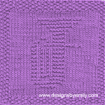 Baritone or Tuba Knit Dishcloth: A handmade knitted dishcloth square in light purple yarn displaying a tuba or baritone musical instrument. The design is created in garter stitch using knit and purl stitches on a stockinette background.