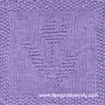 Tulip Knit Dishcloth: A handmade knitted dishcloth square in purple yarn displaying a single tulip with its distinctive leaves to each side. The design is created using knit and purl stitches.