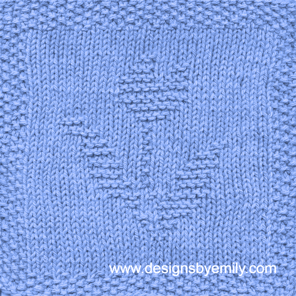 Tulip Knit Dishcloth: A handmade knitted dishcloth square in blue yarn displaying a single tulip with its distinctive leaves to each side. The design is created using knit and purl stitches.