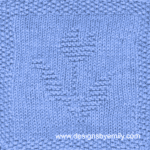 Tulip Knit Dishcloth: A handmade knitted dishcloth square in blue yarn displaying a single tulip with its distinctive leaves to each side. The design is created using knit and purl stitches.
