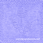 Tulip Knit Dishcloth: A handmade knitted dishcloth square in lilac yarn displaying a single tulip with its distinctive leaves to each side. The design is created using knit and purl stitches.