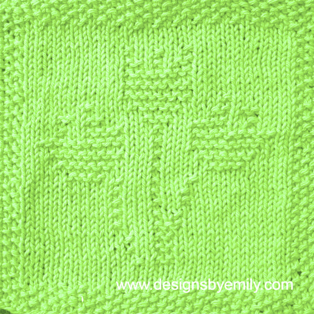Tulip Trio Knit Dishcloth: A handmade knitted dishcloth square in bright lime green yarn displaying three tulips sprouting from the center. The design is created using knit and purl stitches.