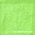 Tulip Trio Knit Dishcloth: A handmade knitted dishcloth square in bright lime green yarn displaying three tulips sprouting from the center. The design is created using knit and purl stitches.