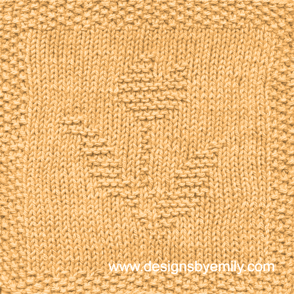 Tulip Knit Dishcloth: A handmade knitted dishcloth square in yellow yarn displaying a single tulip with its distinctive leaves to each side. The design is created using knit and purl stitches.