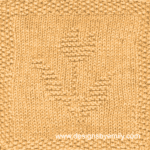 Tulip Knit Dishcloth: A handmade knitted dishcloth square in yellow yarn displaying a single tulip with its distinctive leaves to each side. The design is created using knit and purl stitches.