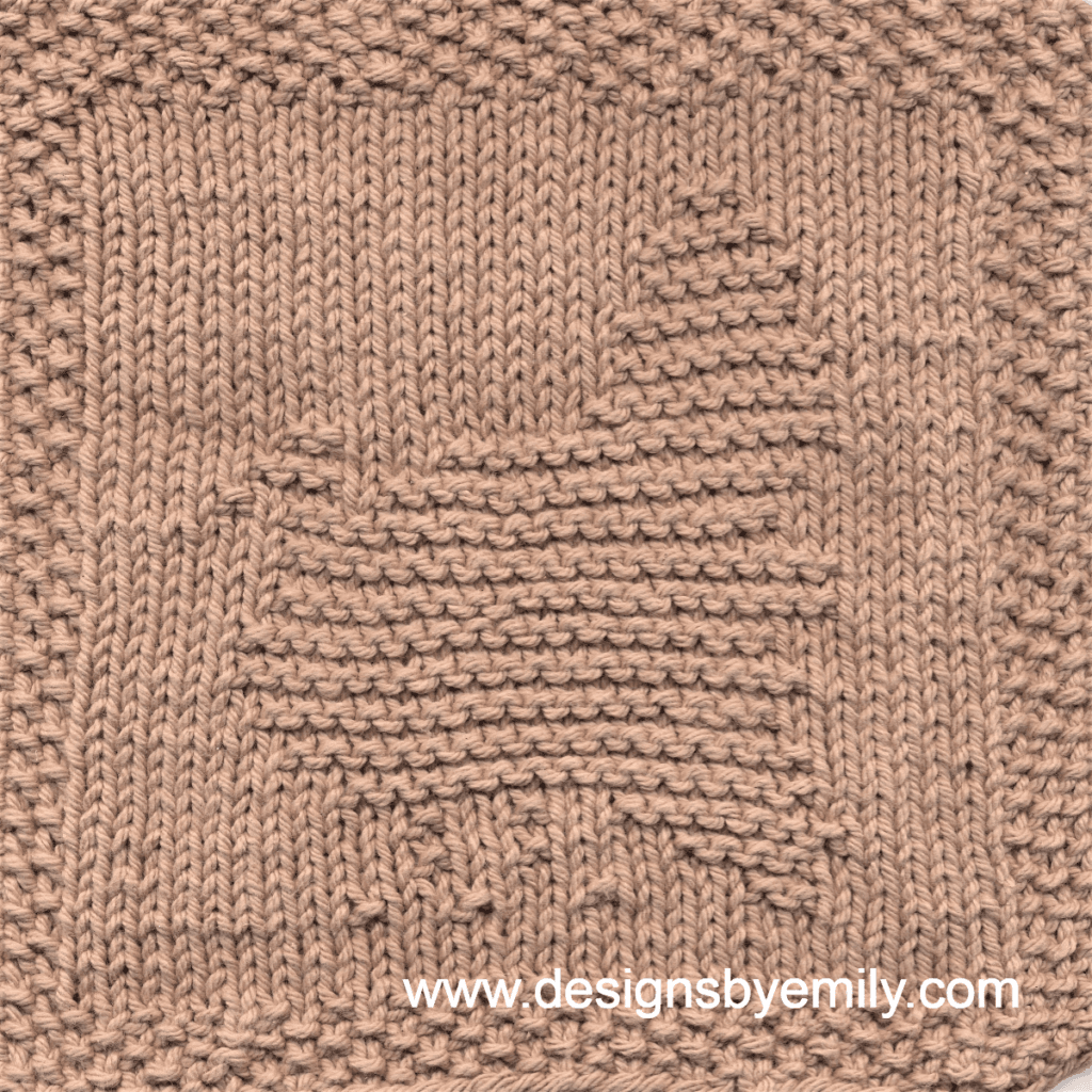 Turkey Knit Dishcloth: A handmade knit dishcloth square in brown yarn featuring a turkey in profile facing to the left and its tail feathers raised high to the right. The design is created in garter stitch using knit and purl stitches on a stockinette background.